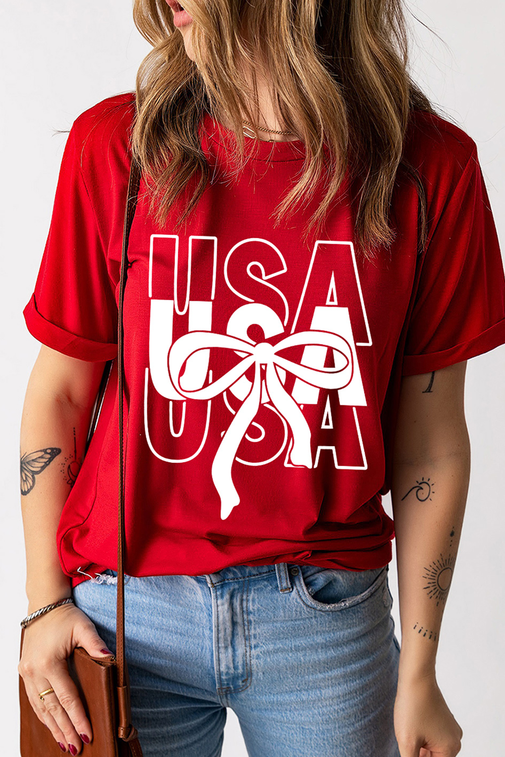 Red USA Bow Printed Casual Cotton Blend T Shirt - loveforevers
