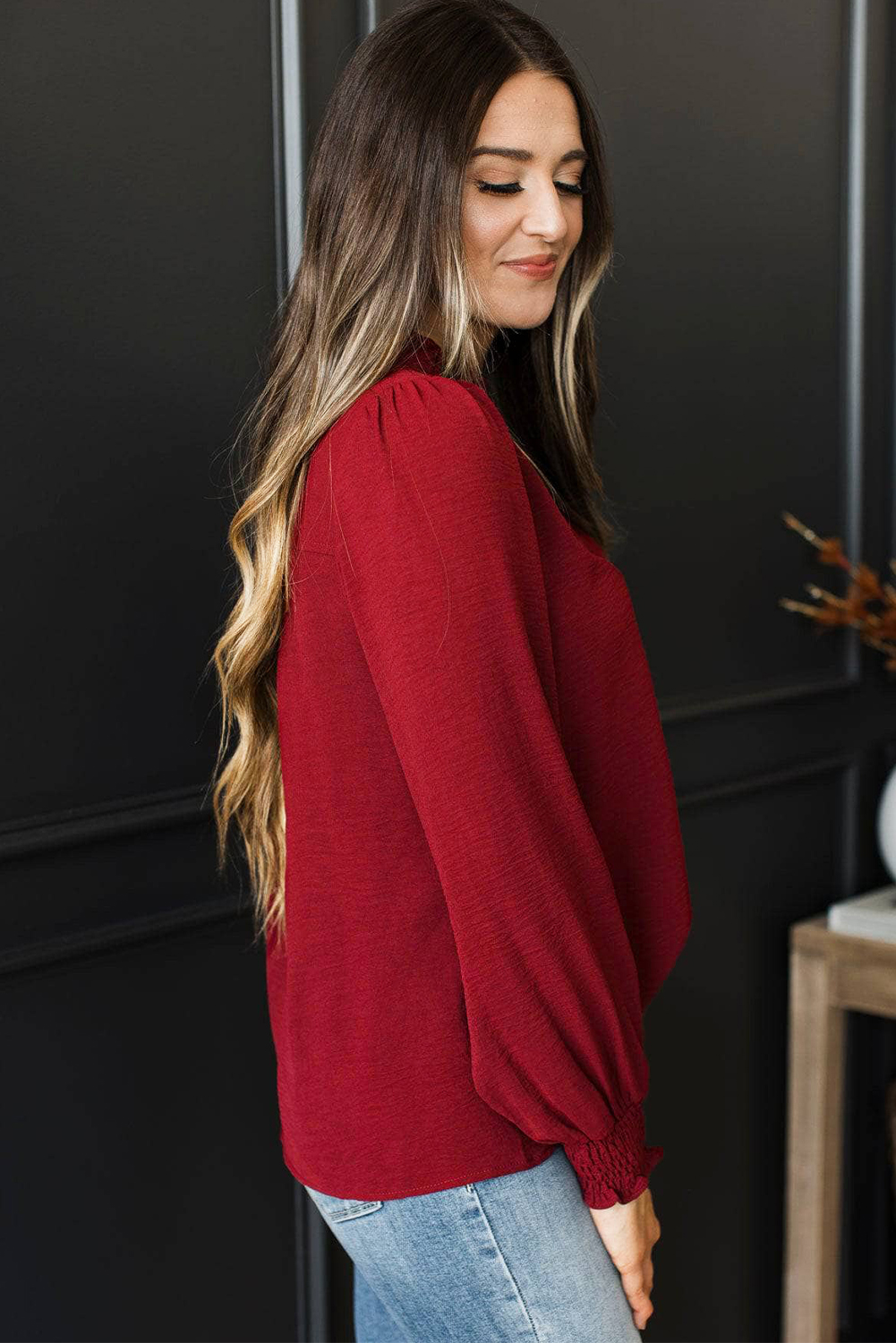 Burgundy Notched Neck Shirred Cuff Long Sleeve Blouse - loveforevers