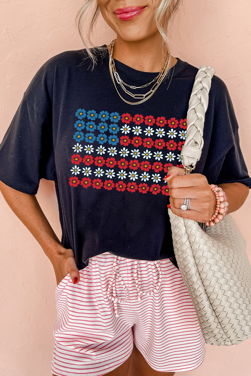 Black Cute Flowers Make Up American Flag Trendy Graphic T Shirt - loveforevers