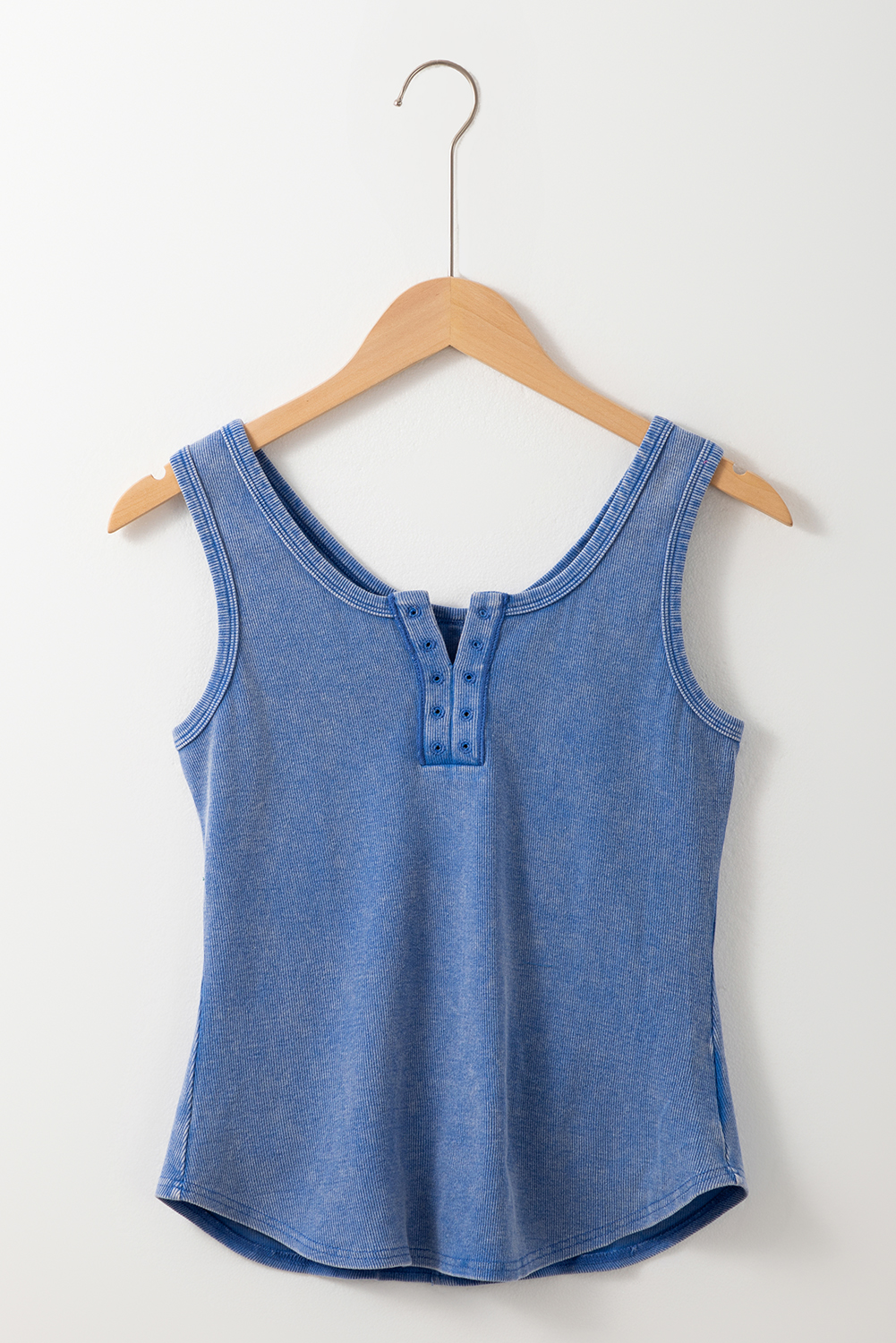 Sky Blue Mineral Wash Ribbed Notch Neck Tank Top - loveforevers