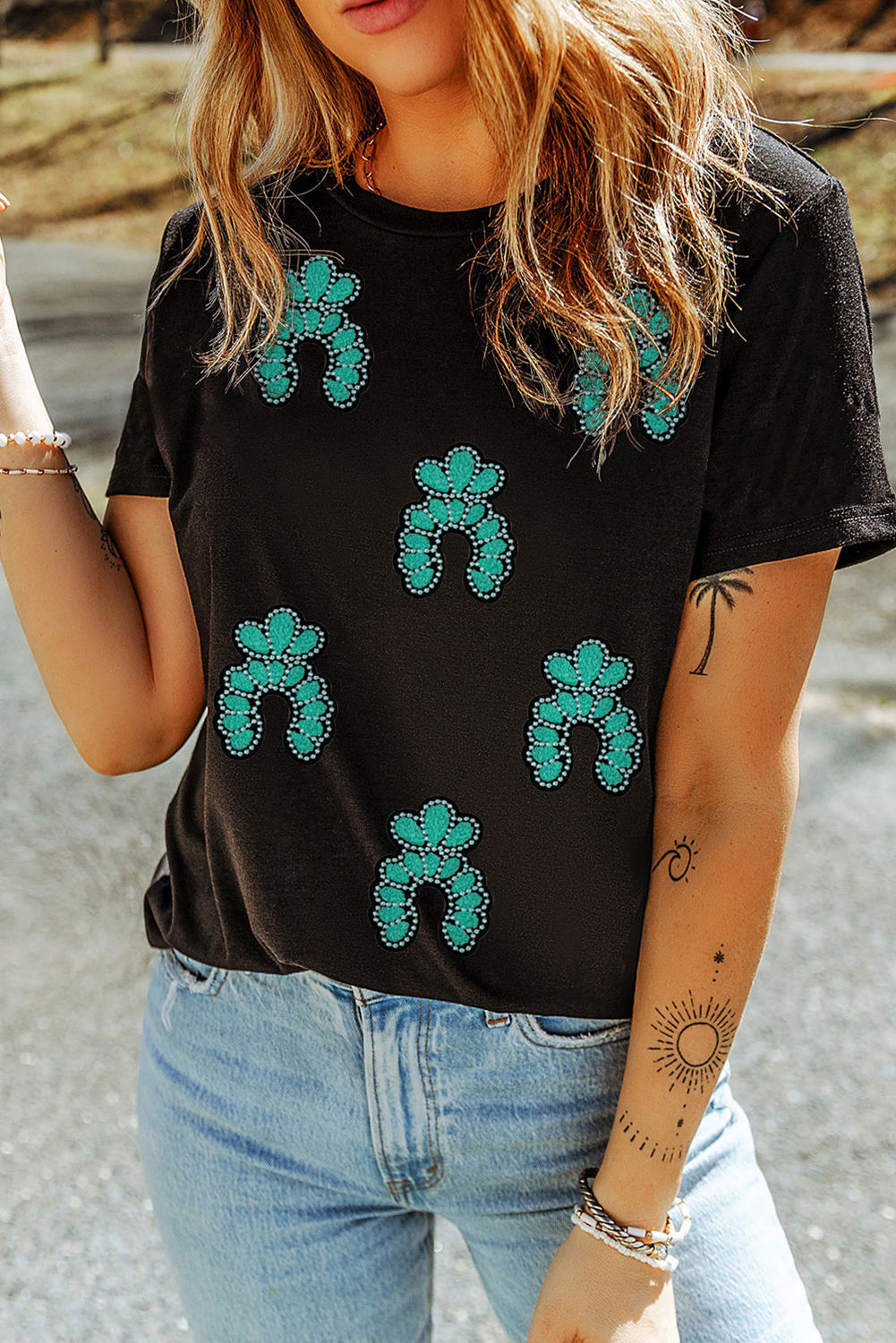 Black Western Turquoise Pattern Sequin Patched T Shirt - loveforevers