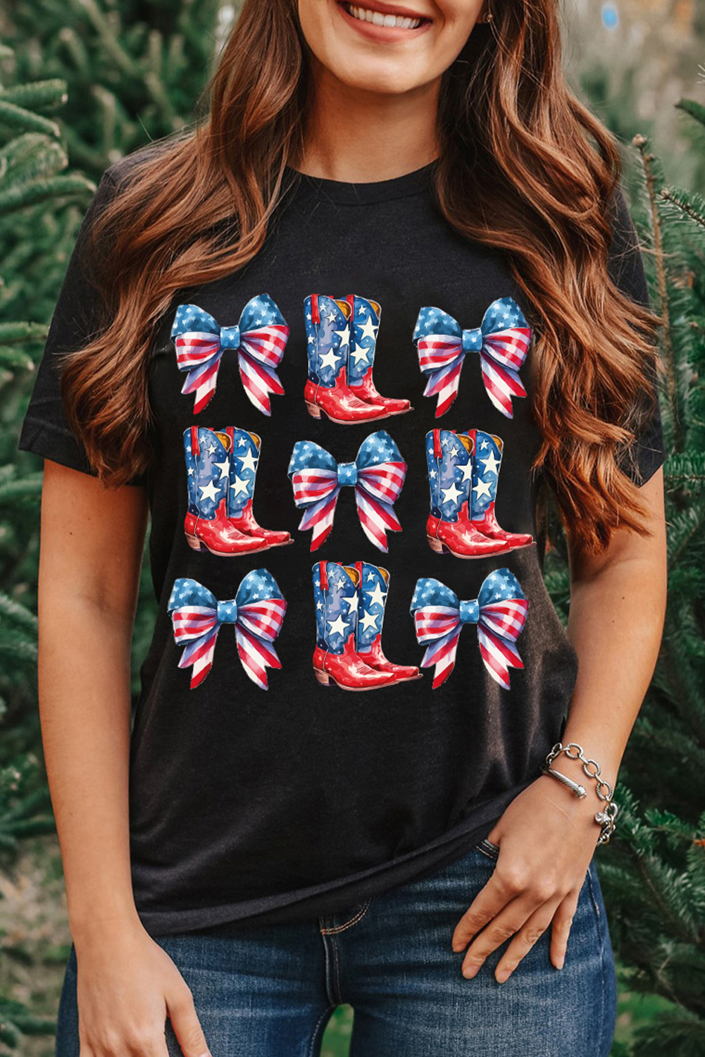 Black Stars and Stripes Bowknot Cowgirl Boots Graphic Patriotic Tee - loveforevers