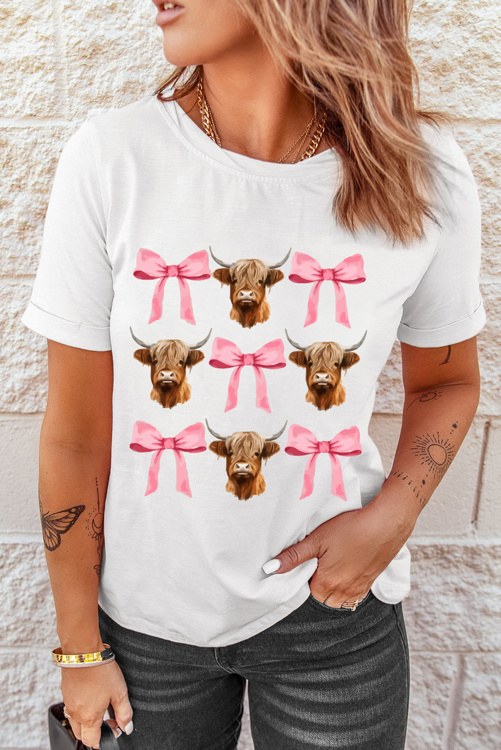 White Coquette Highland Cow Png Bows Graphic Tee - loveforevers