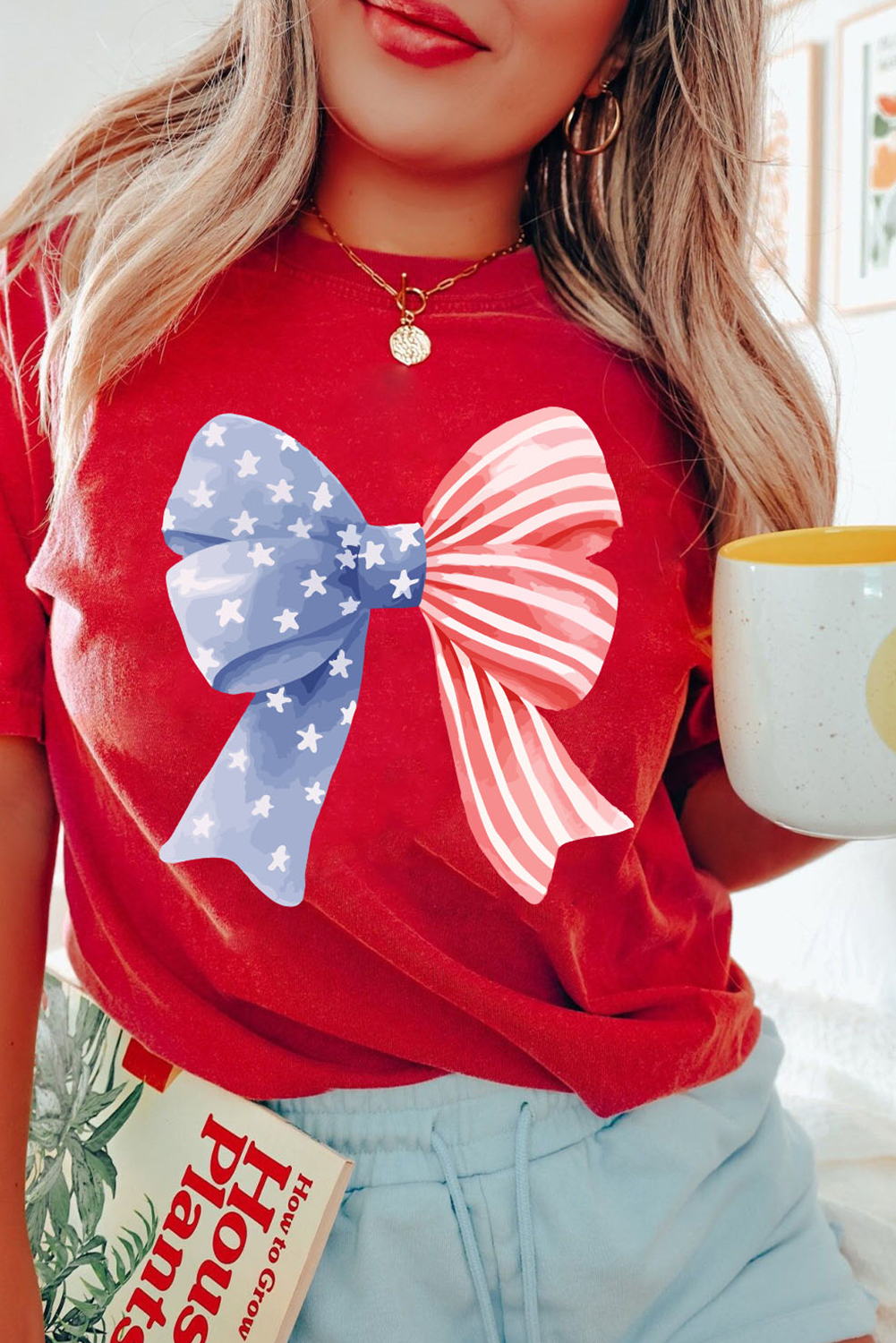 Red Stars and Stripes Bow Print Independence Day T Shirt - loveforevers