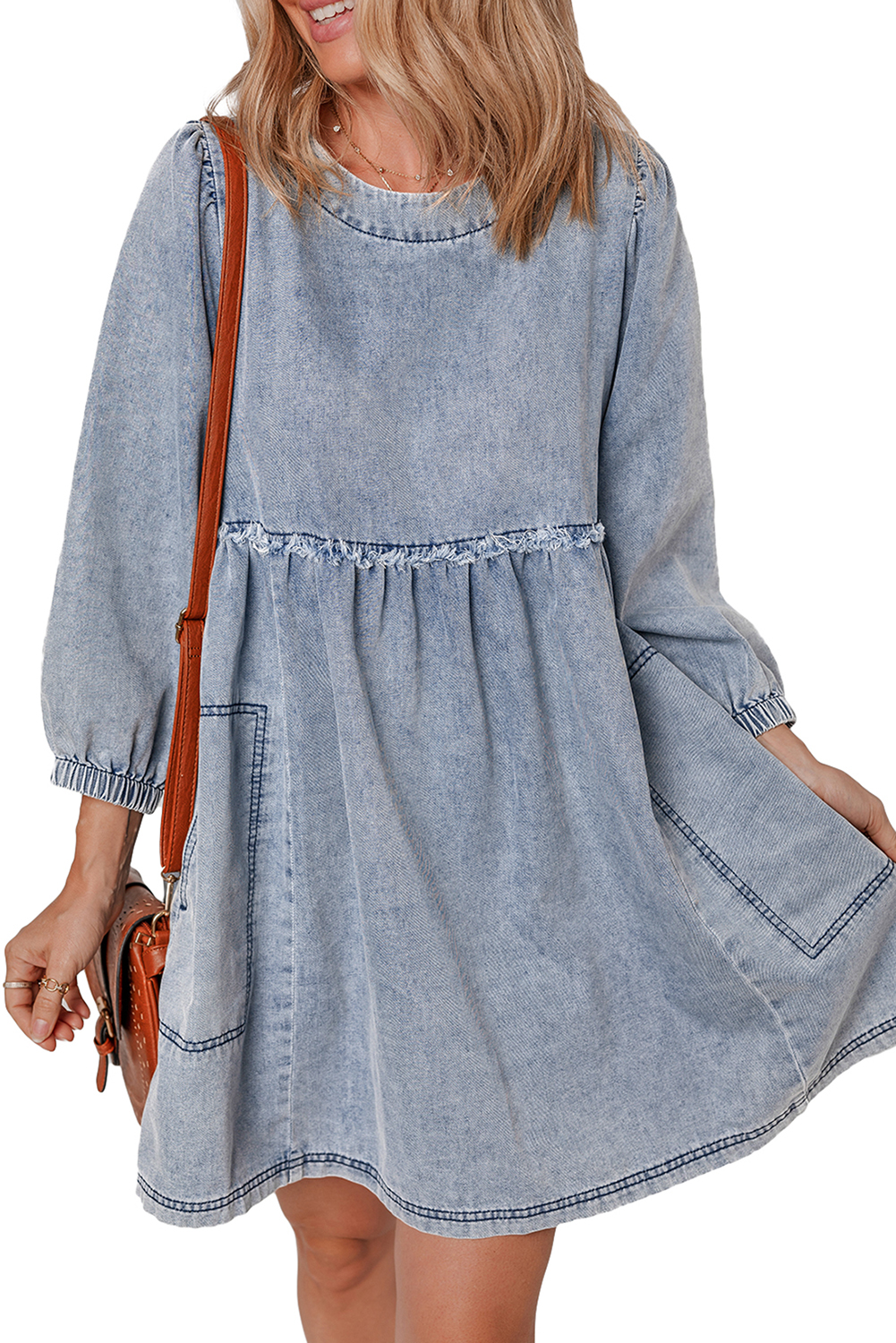 Beau Blue Light Wash High Waist Loose Fit Denim Mini Dress - loveforevers