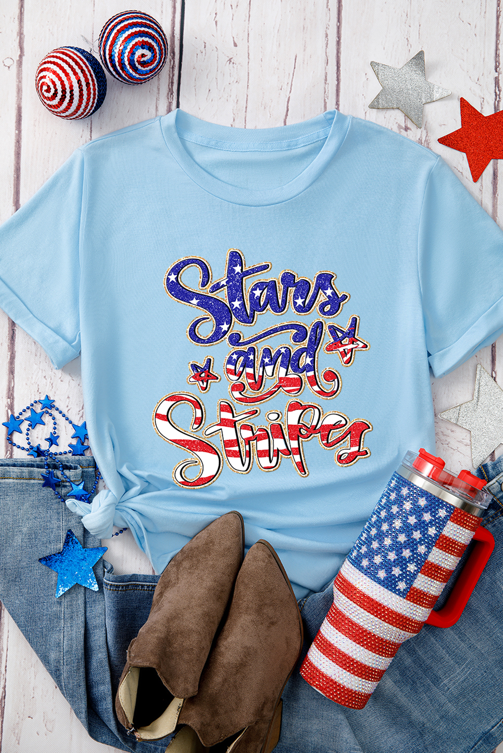 Light Blue Stars and Stripes Graphic July 4th Patriotic Tee - loveforevers