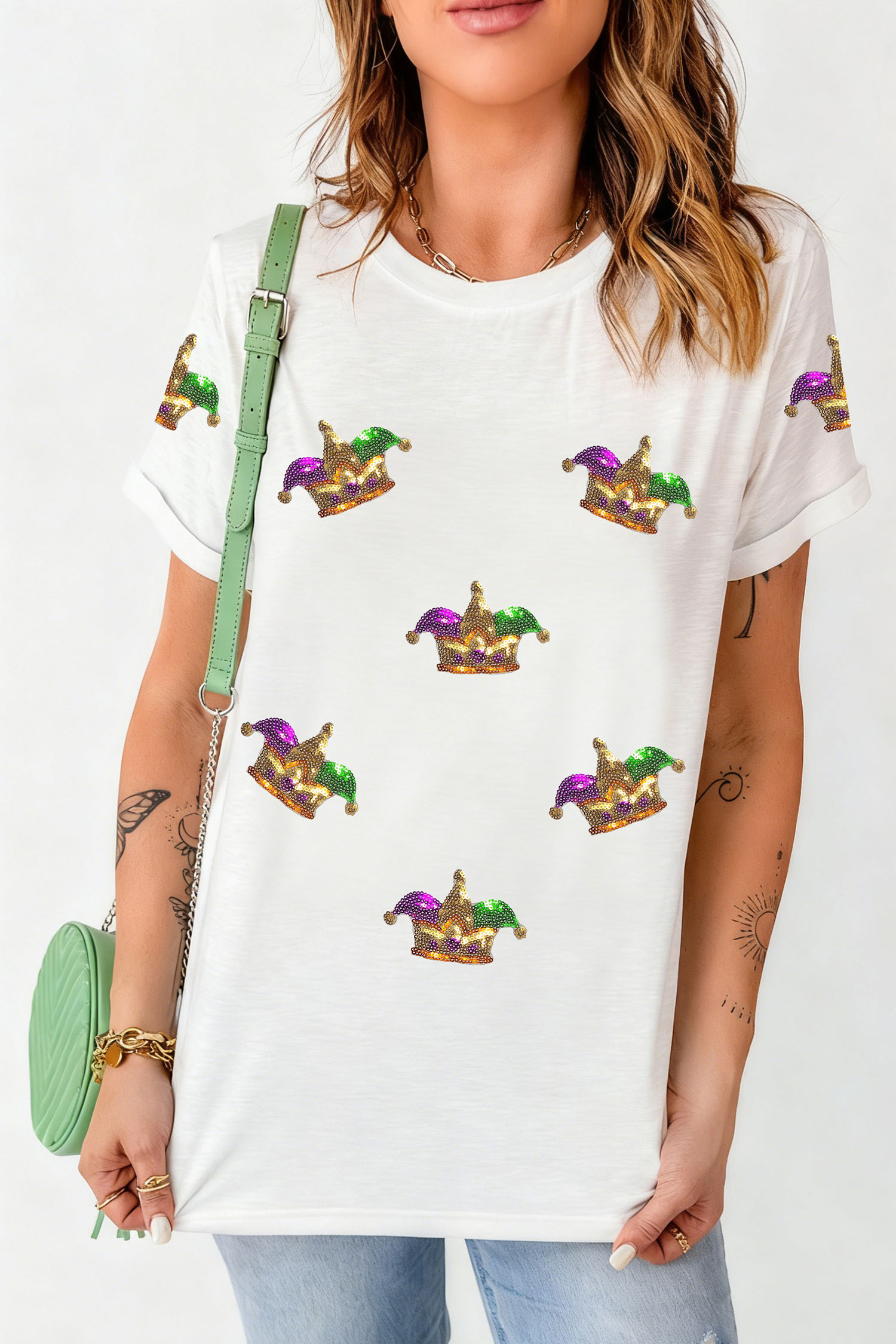 White Mardi Gras Sequin Crown Womens Casual T Shirt - loveforevers