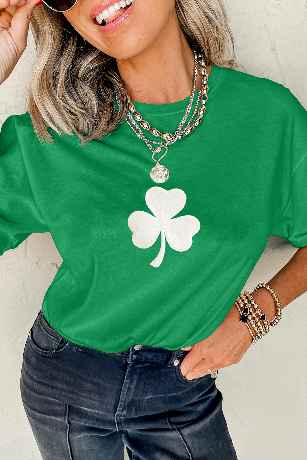 Bright Green Embroidered Clover Pattern St Patrick Tee - loveforevers