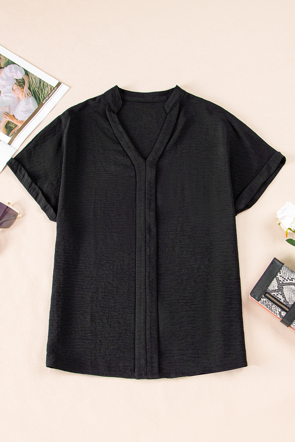 Black Notched Neck Batwing Sleeve Lightweight Blouse - loveforevers