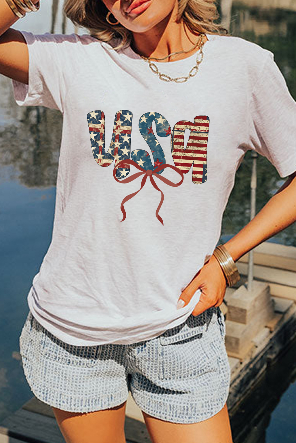 White usa Bow Letter Graphic Independence Day Fashion Tee - loveforevers