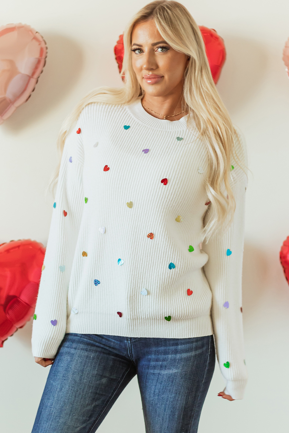 Beige Sequin Heart Shape Waffle Knit Round Neck Sweater - loveforevers