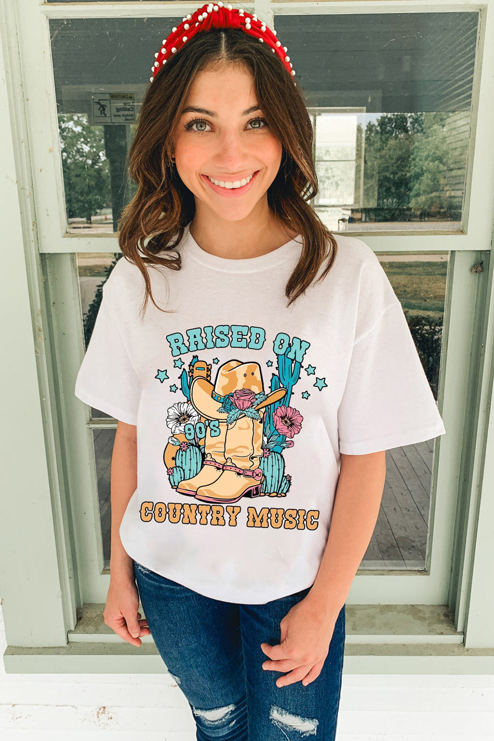 White RAISED ON COUNTRY MUSIC Western Graphic Tee - loveforevers
