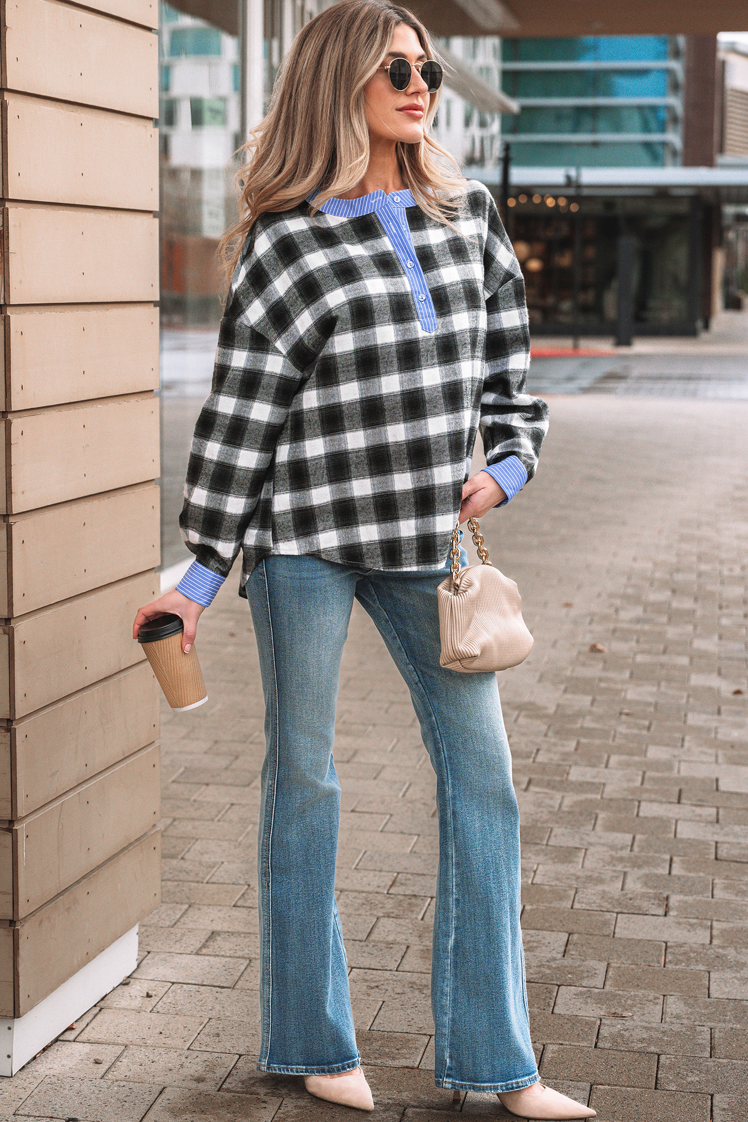 Black Contrast Striped Edge Half Placket Plaid Blouse - loveforevers