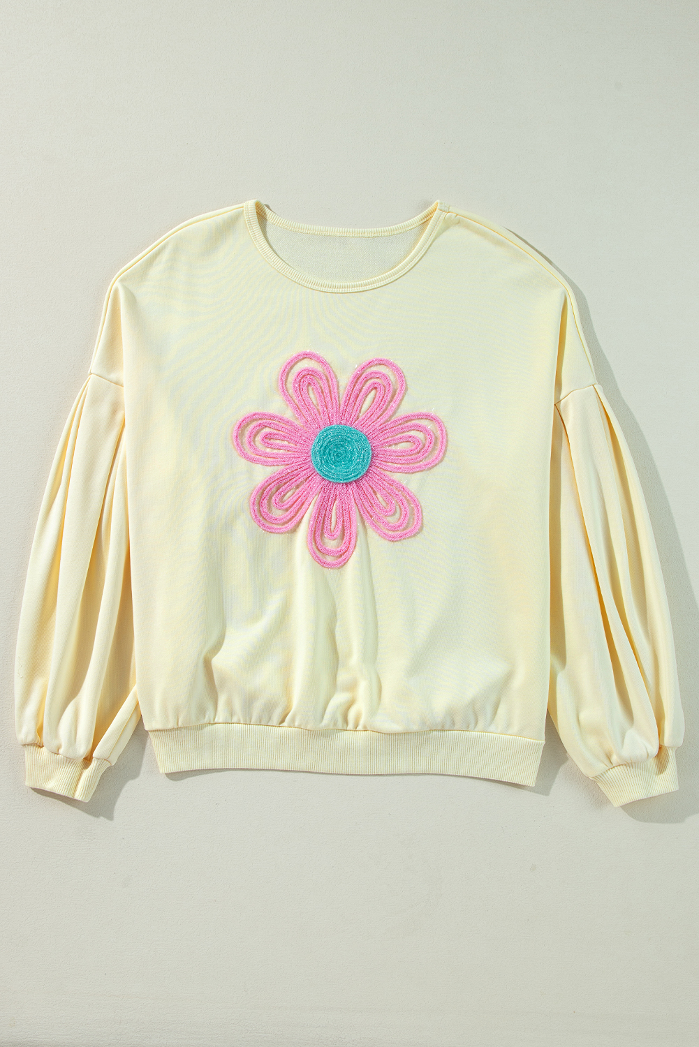 Beige Tinsel Flower Dropped Puff Sleeve Sweatshirt - loveforevers