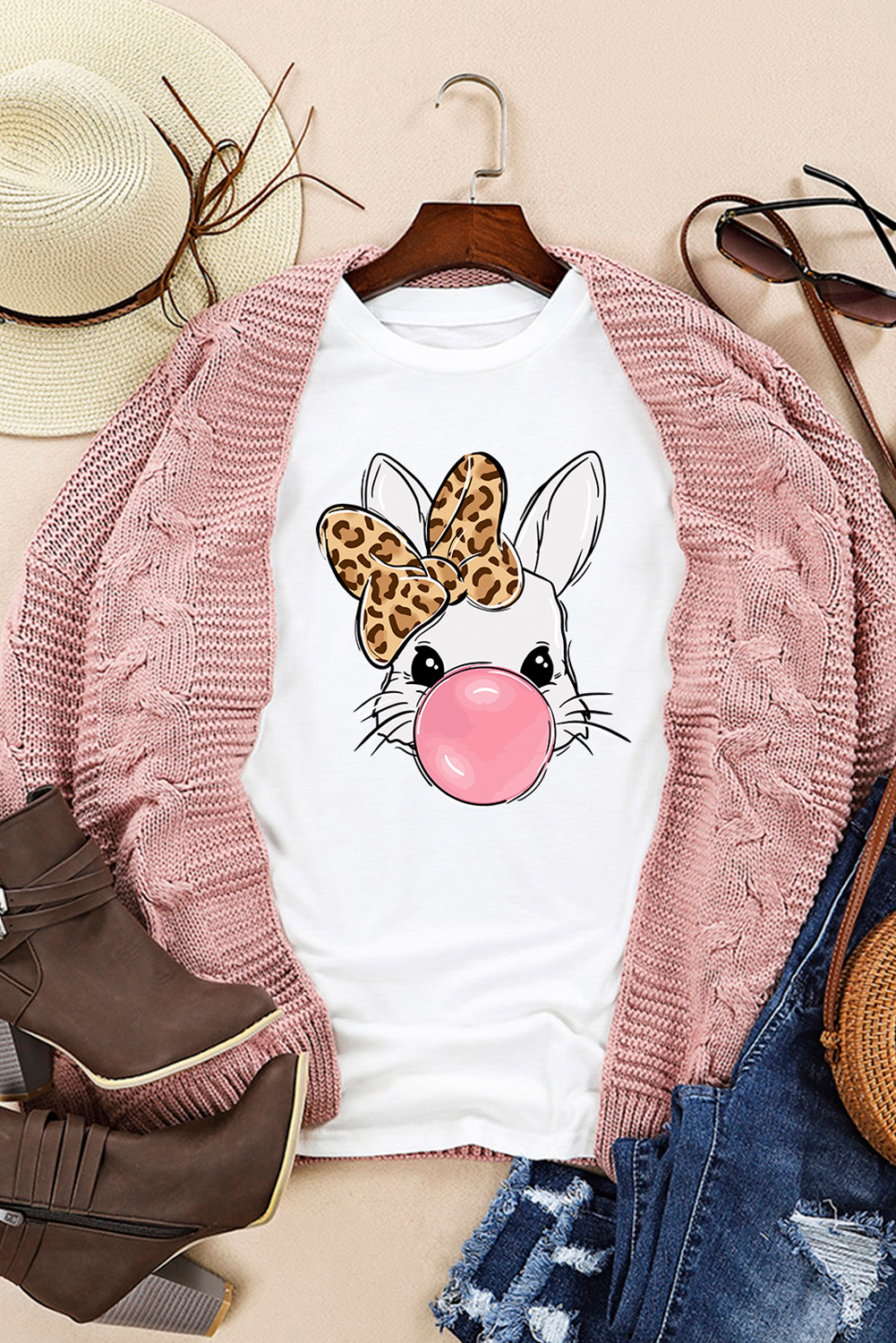 White Leopard Bow Bubble Rabbit Graphic Tee - loveforevers