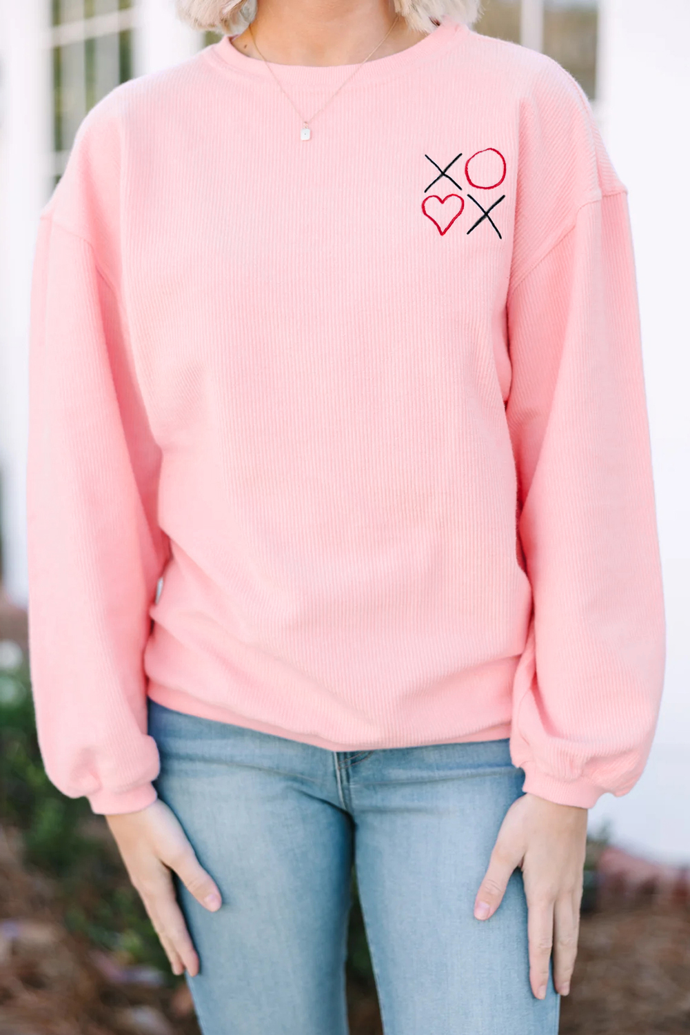 White 3d Ribbed XOXO Heart Embroidered Drop Shoulder Sweatshirt - loveforevers