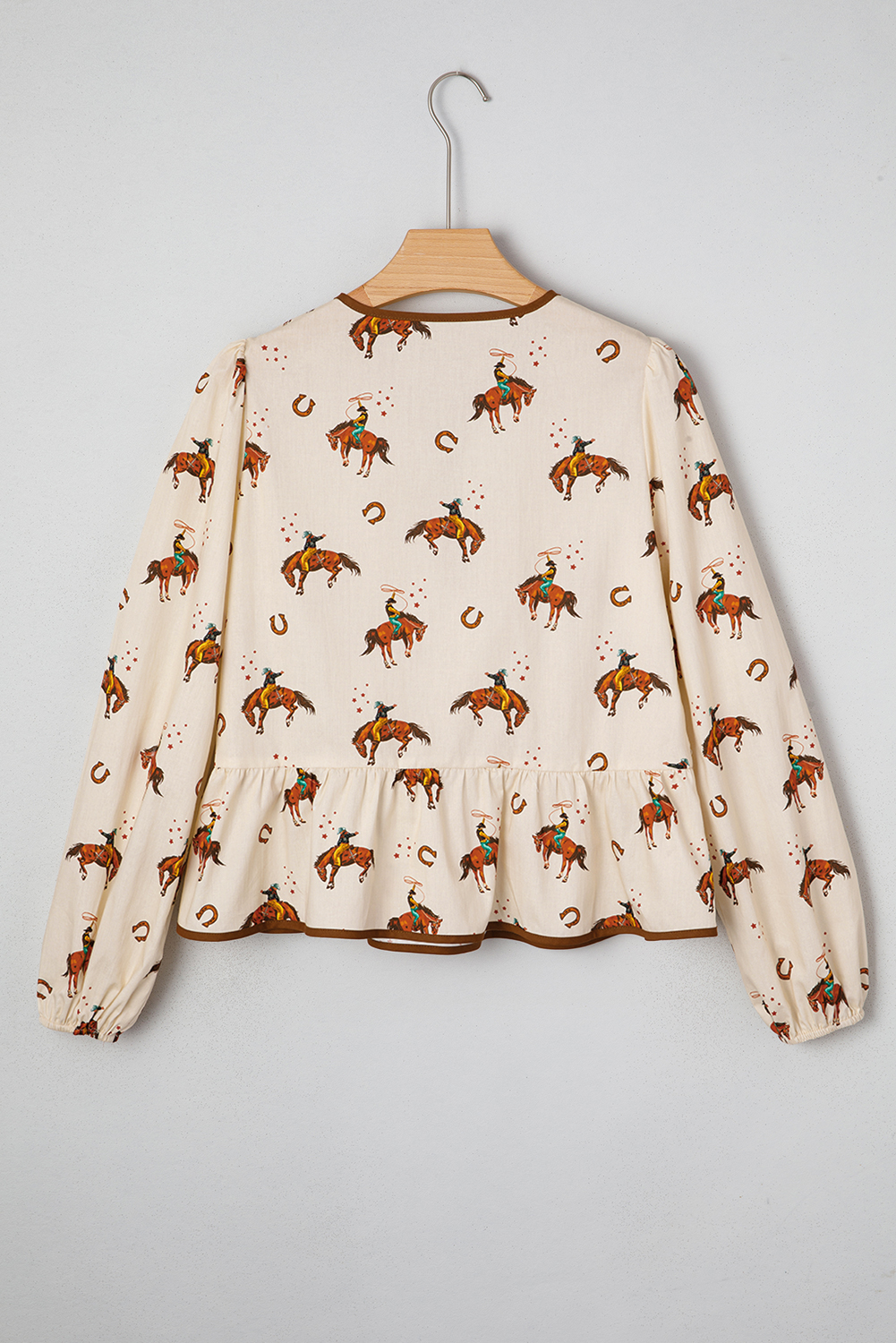 Apricot Western Rodeo Print Tied Front Puff Sleeve Peplum Top - loveforevers