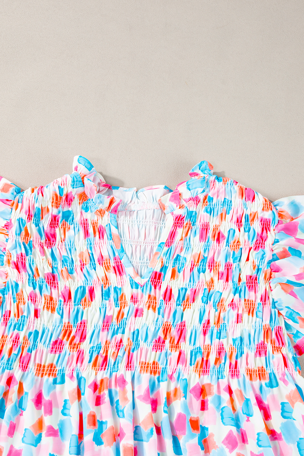 Sky Blue Shirred Yoke Ruffled Abstract Printed Blouse - loveforevers