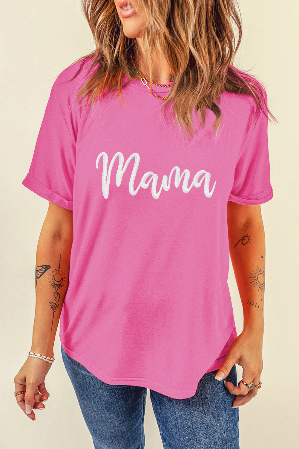 Sachet Pink mama Embroidered Graphic Crewneck Mothers Day T Shirt - loveforevers