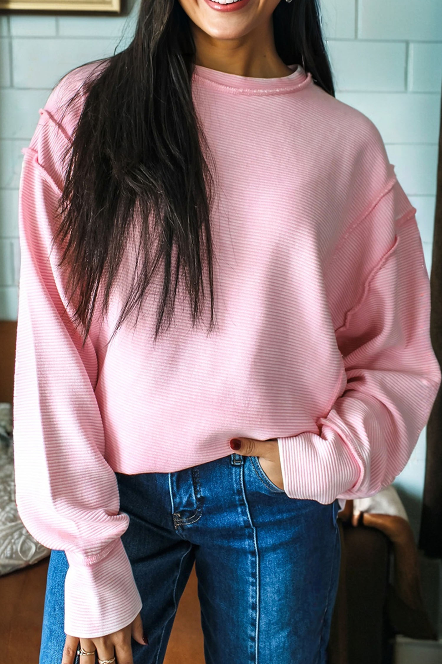 Pink Horizontal Ribbed Exposed Seam Detail Long Sleeve Top - loveforevers