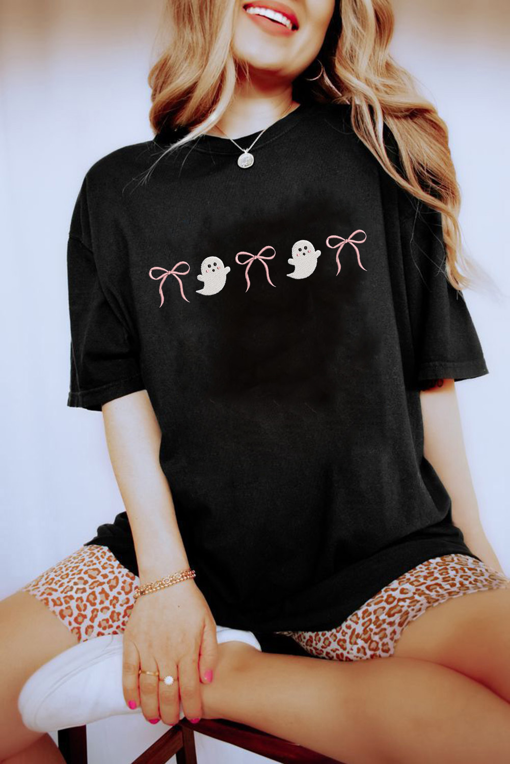 Black Halloween Ghost Bow Embroidered Loose T Shirt - loveforevers