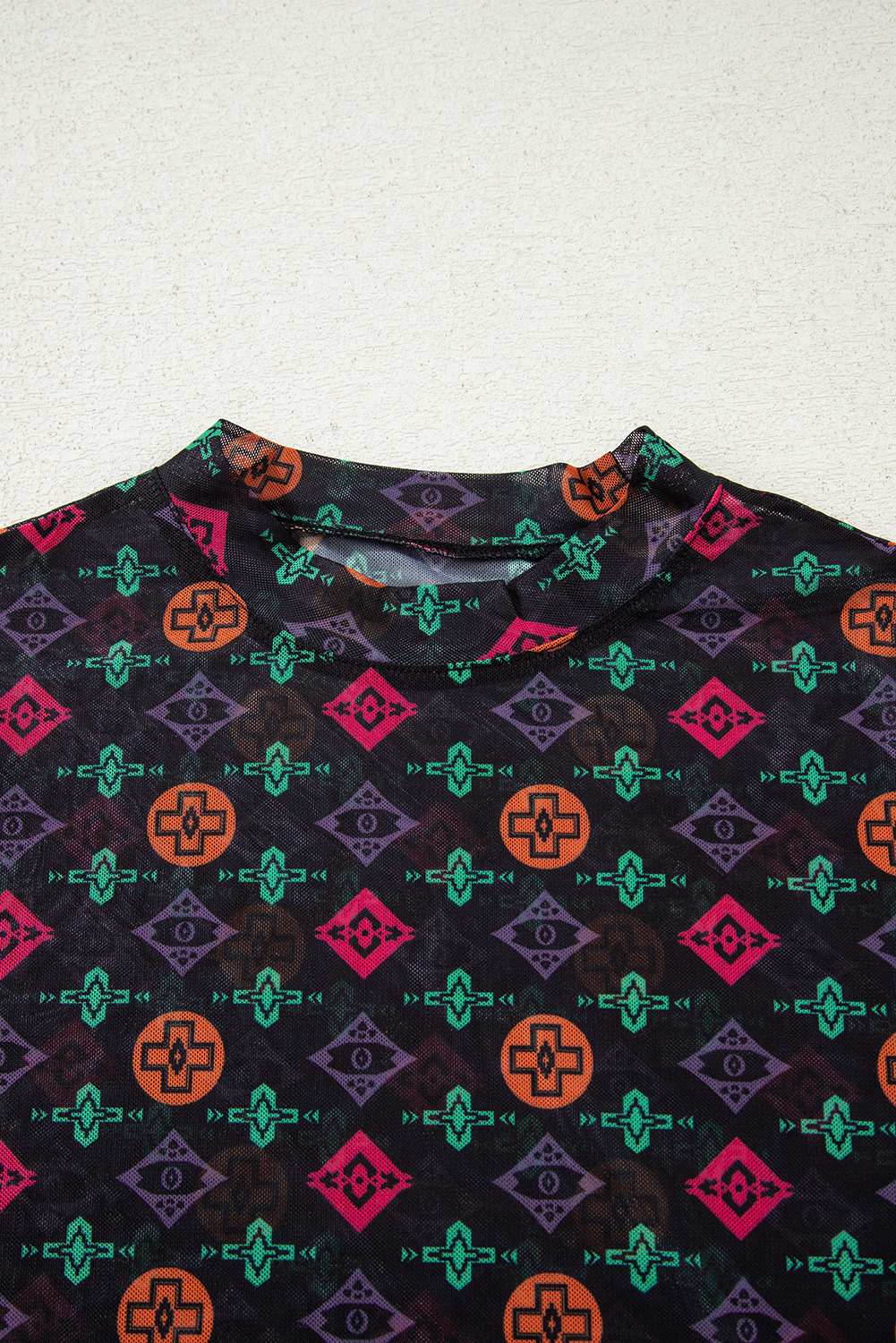 Black Western Aztec Printed Long Sleeve Mesh Top - loveforevers