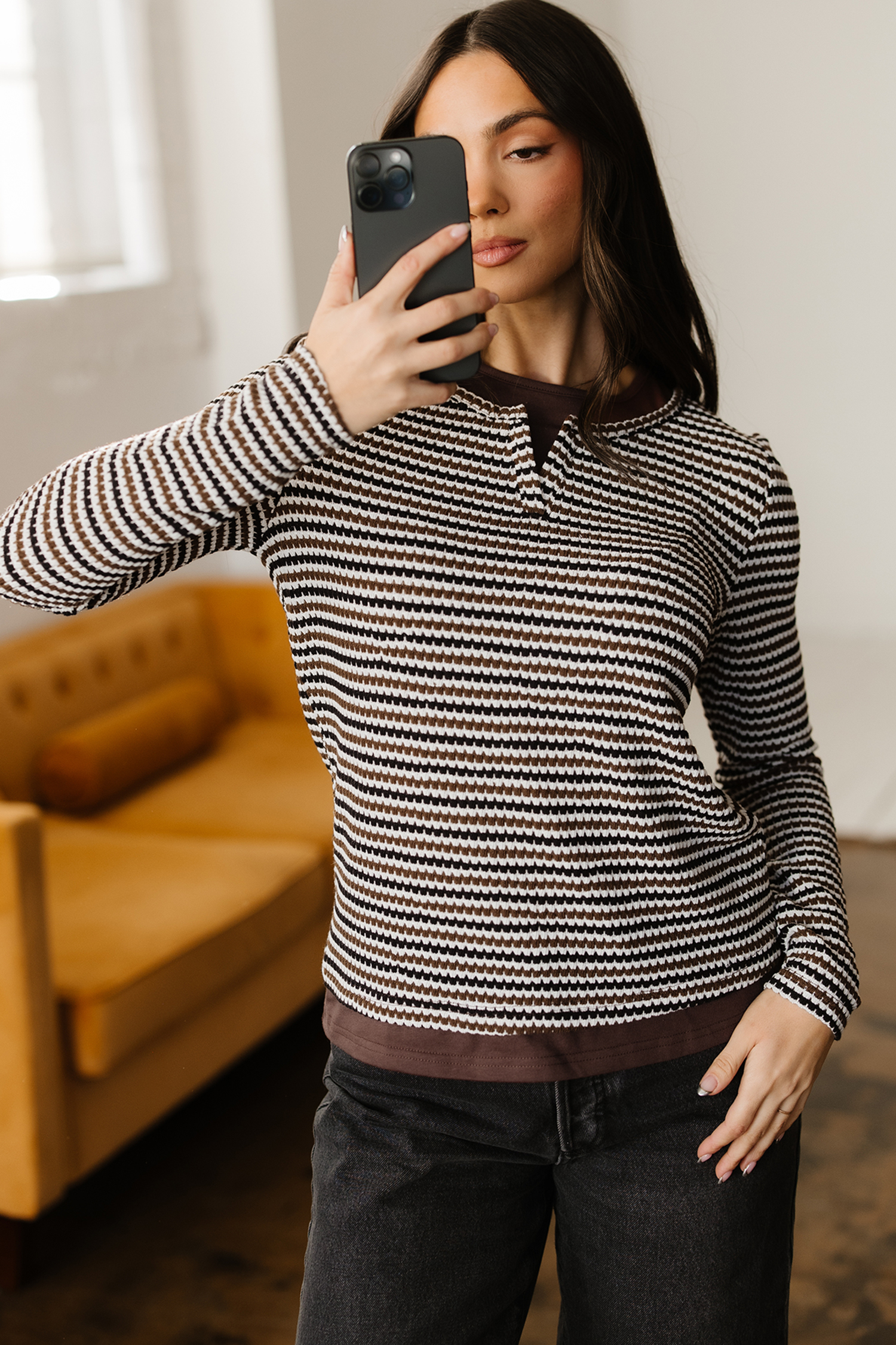 Brown Faux Two Piece Textured Striped Round Neck Long Sleeve T Shirt - loveforevers