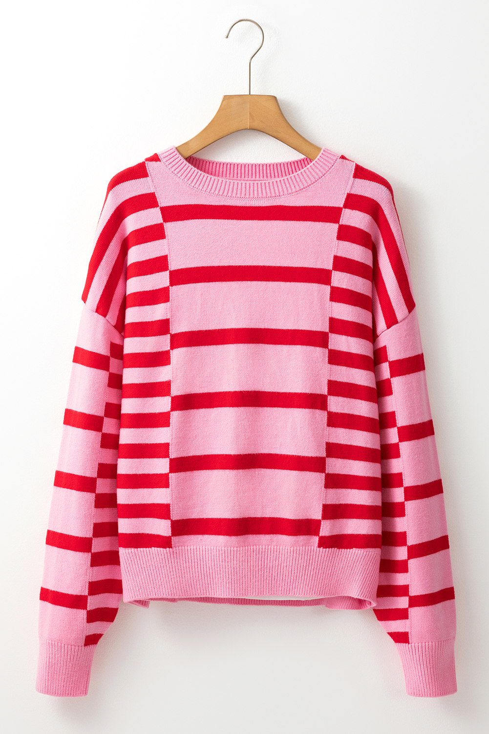 Pink Stripe Bubble Sleeve Drop Shoulder Ribbed Trim Sweater - loveforevers