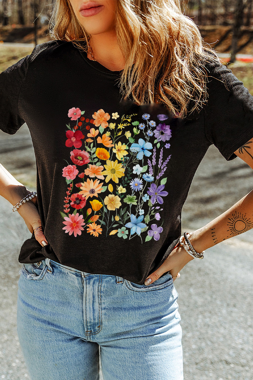 Black Beautiful Flower Print Cotton Blend Casual Tee - loveforevers