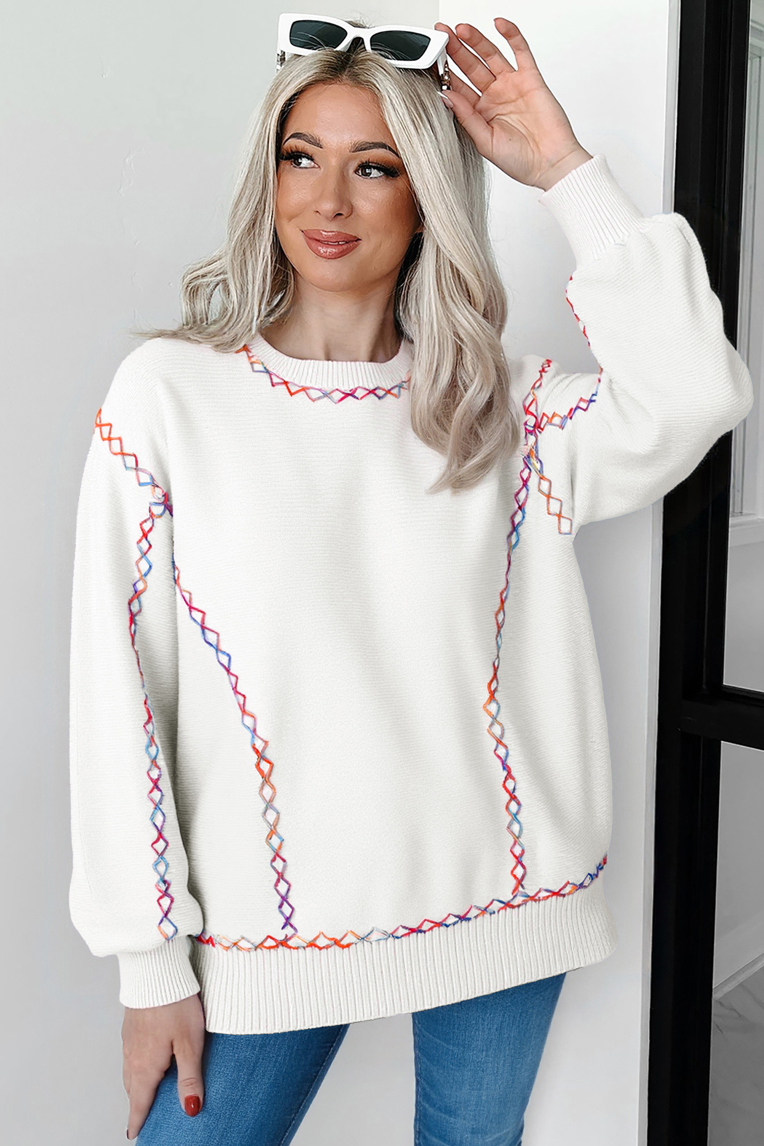 White Rainbow Stitching Balloon Sleeve Relaxed Sweater - loveforevers