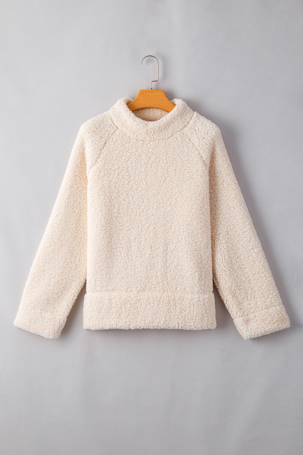 White Solid Fleece High Neck Drop Shoulder Pullover Sweatshirt - loveforevers