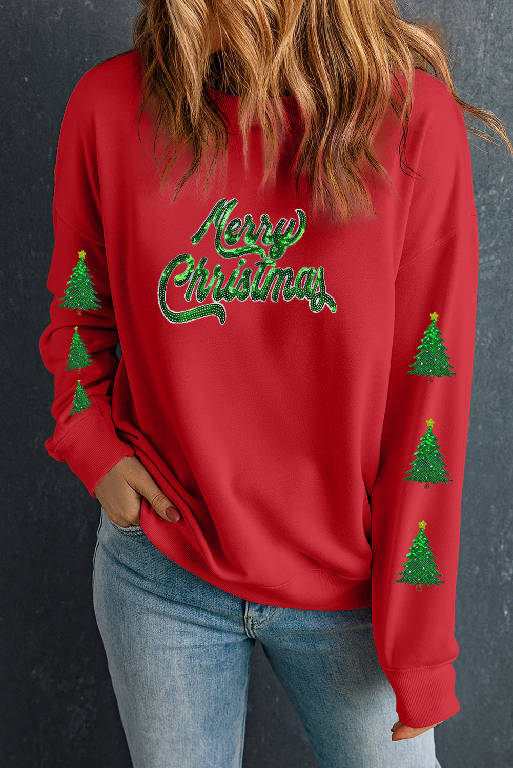 Red Shimmering Merry Christmas Tree Patched Pattern Festive Sweatshirt - loveforevers