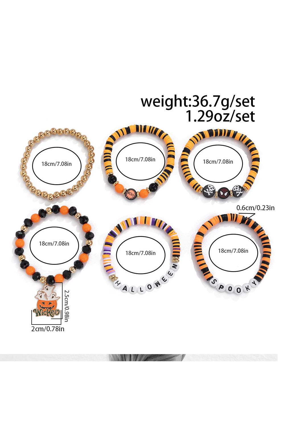 Carrot 6pcs Layered Halloween Pumpkin Ghost Spider Man Charm Stretch Bracelet Set - loveforevers