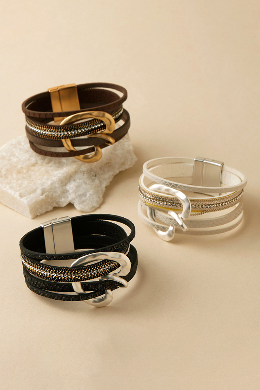 Coffee PU Leather Straps Rhinestone Embedded Retro Magnetic Buckle Bracelet - loveforevers