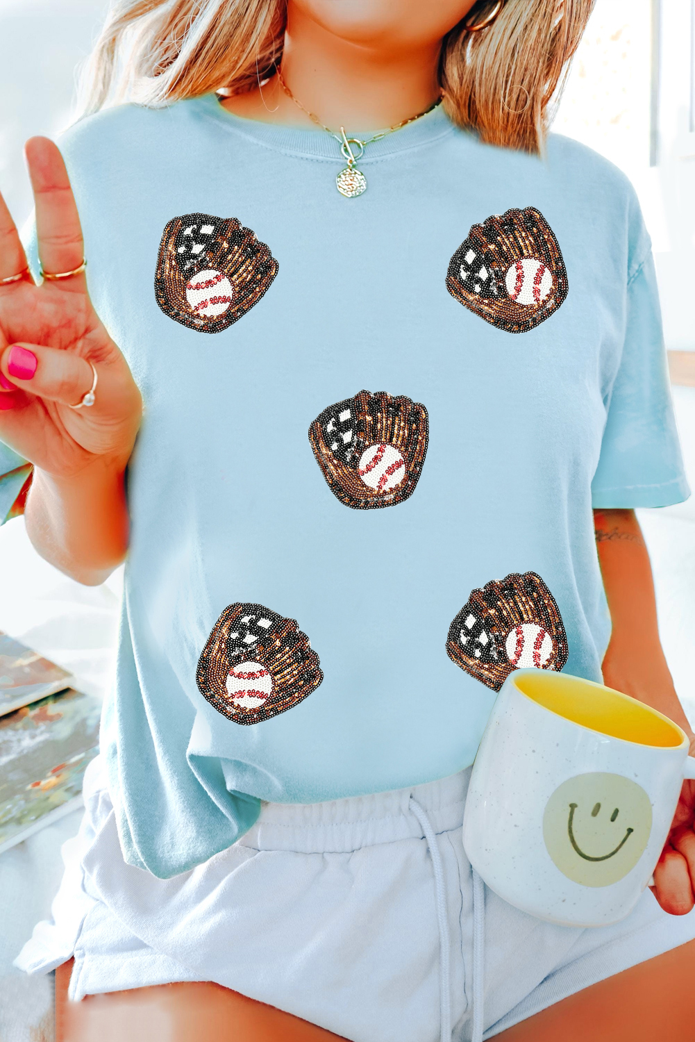 Light Blue Gopher Ball Sequin Patched Casual T Shirt - loveforevers