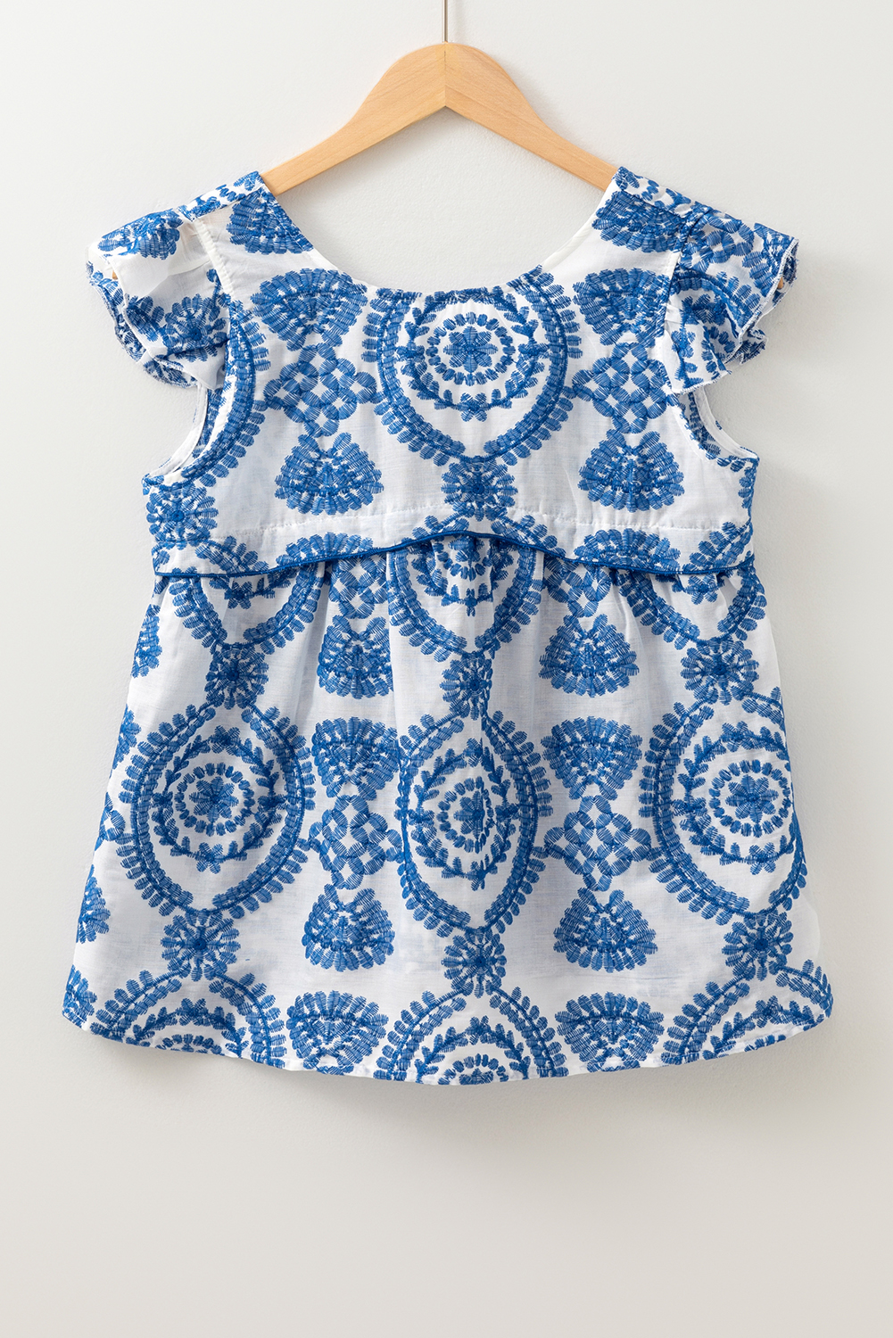 Blue Boho Print Flutter Sleeve Crew Neck Blouse - loveforevers