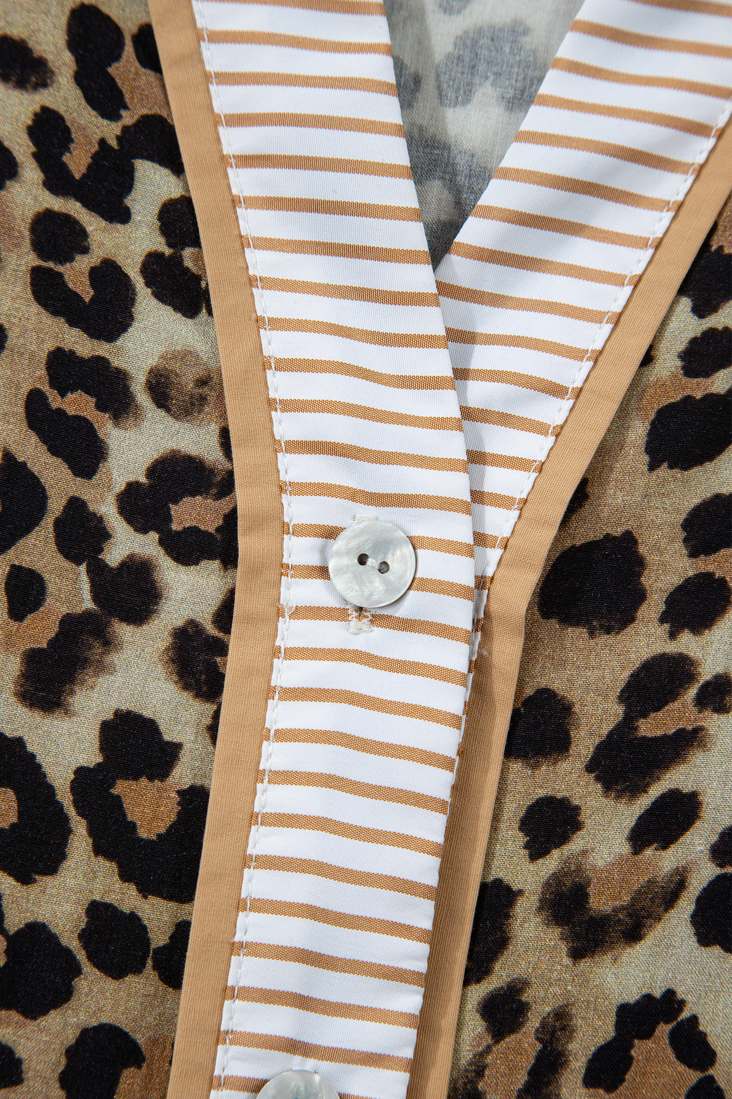 Khaki Contrast Striped Trim V Neck Leopard Shirt - loveforevers