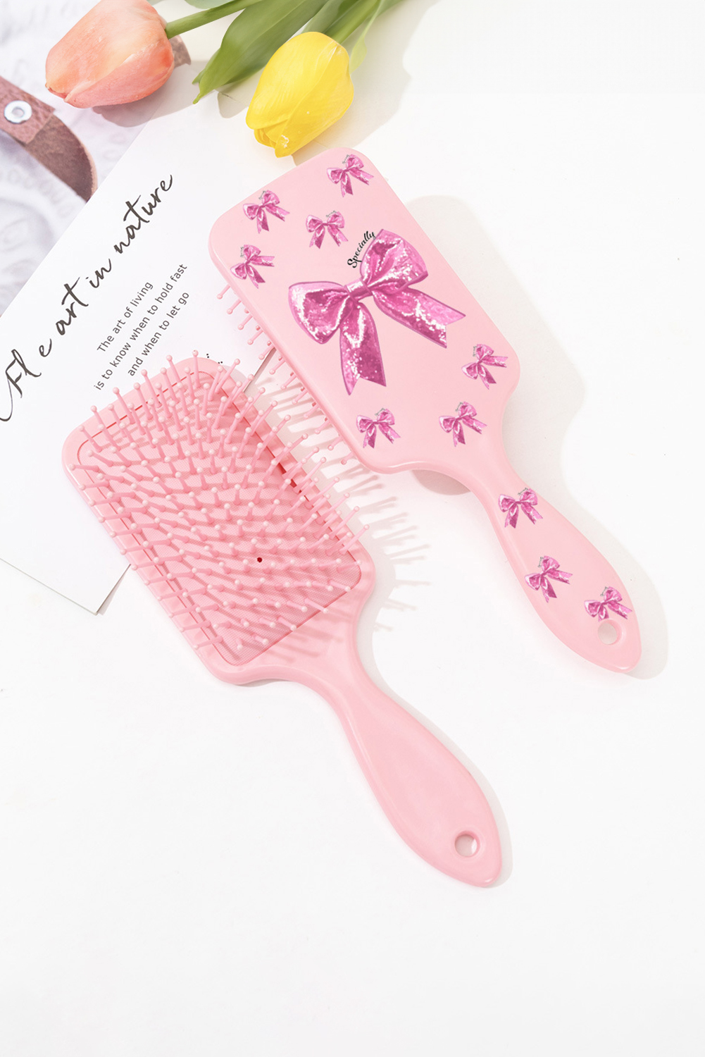 Gossamer Pink Glitter Bow Print Air Cushion Comb - loveforevers