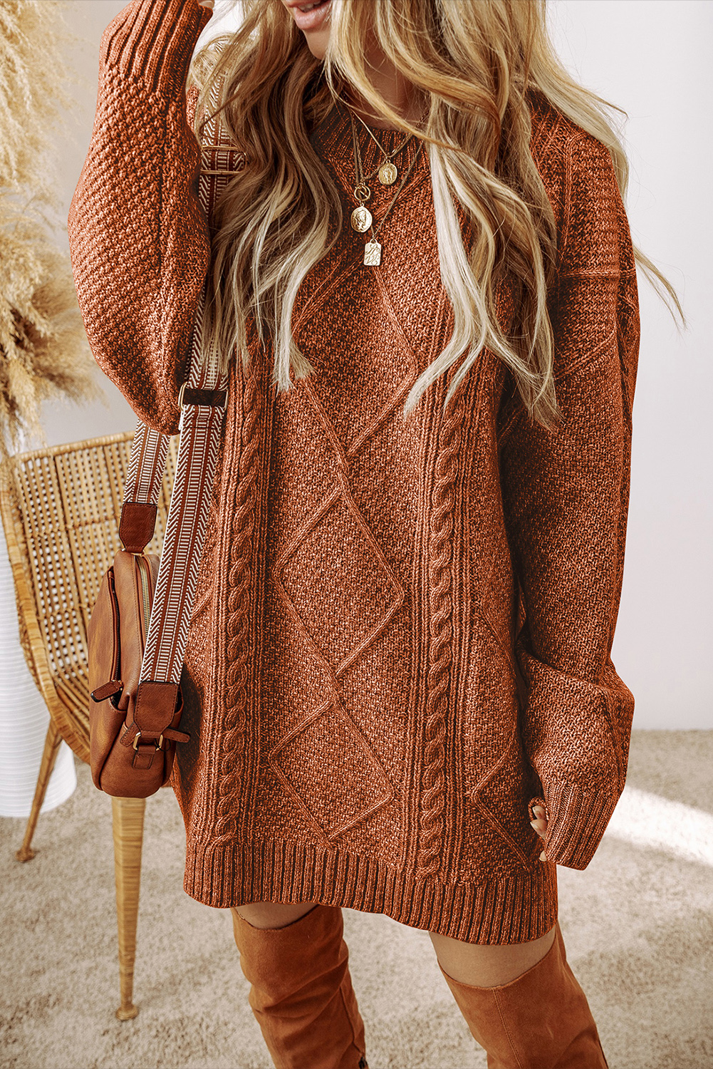 Parchment Cable Knit Drop Shoulder Loose Fit Sweater Dress - loveforevers
