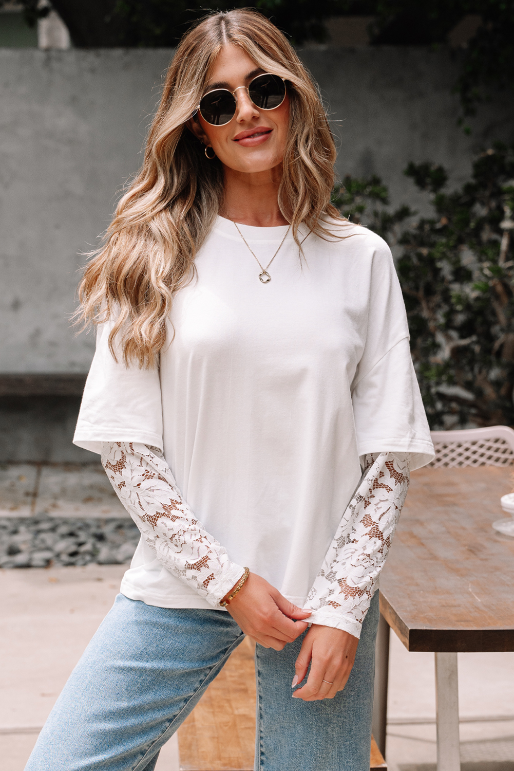 Black Lace Long Sleeve Insert Drop Shoulder Tee - loveforevers