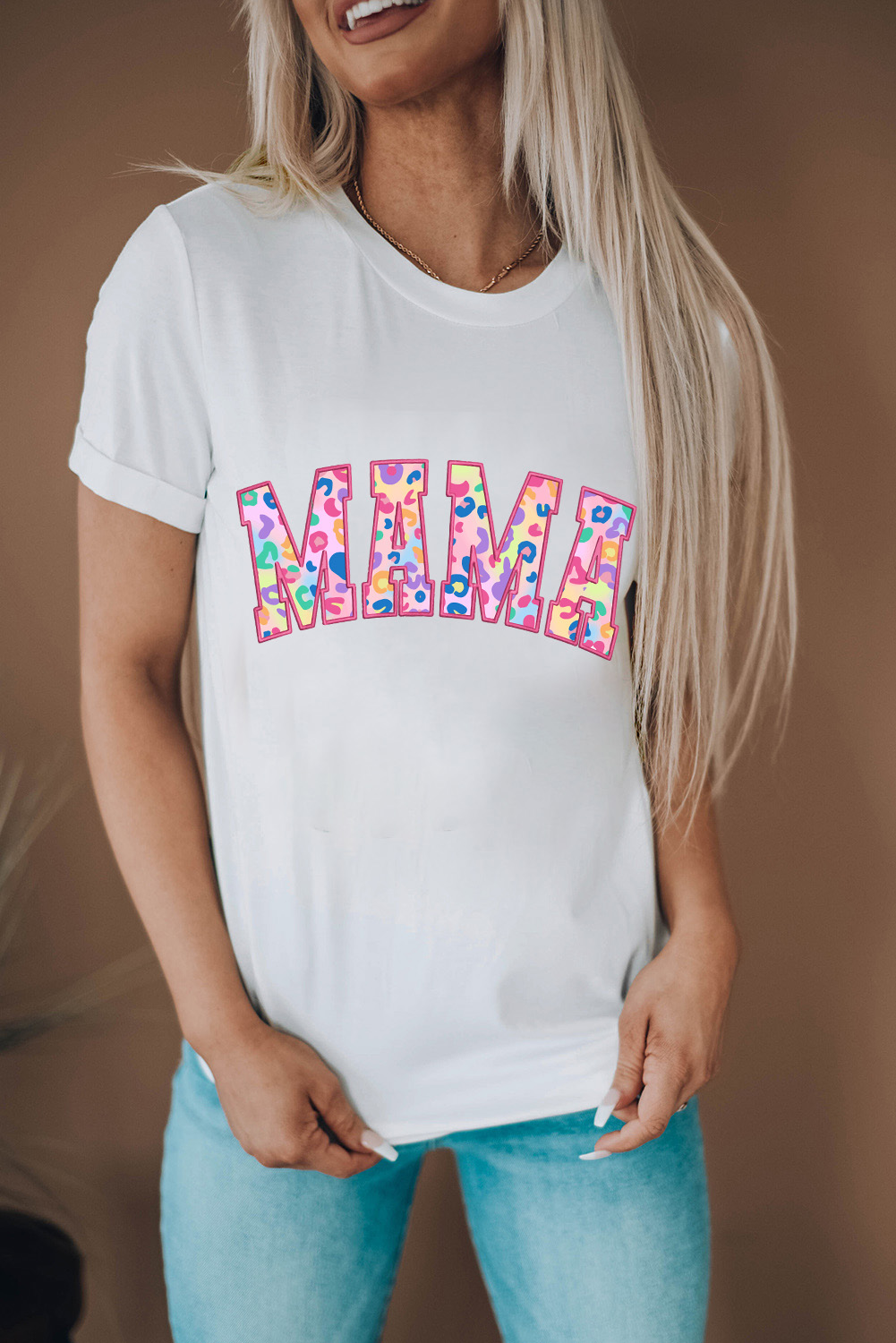 White MAMA Leopard Embroidered Crew Neck Graphic Tee - loveforevers