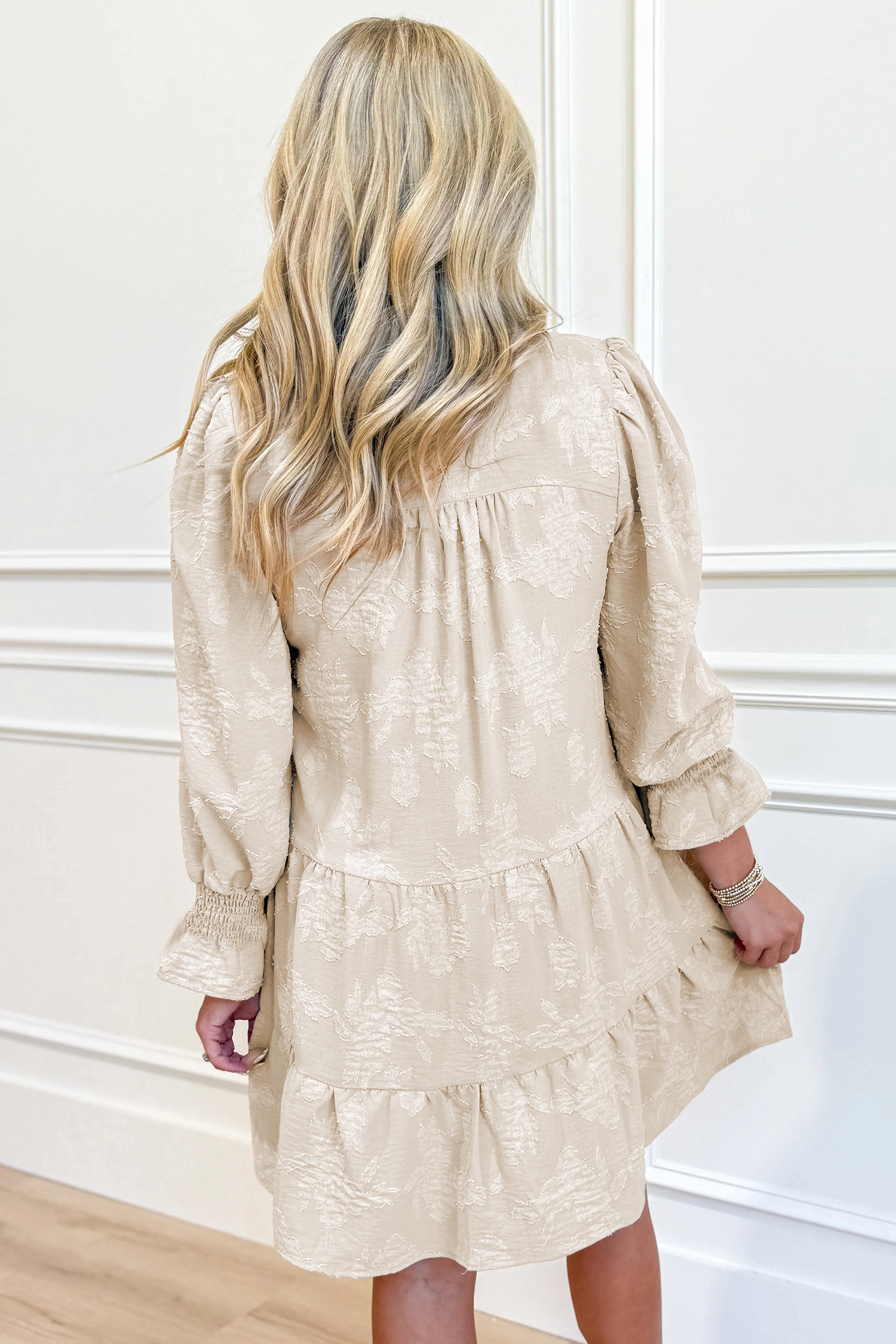 Parchment Long Sleeve Notched Neck Jacquard Tiered Mini Dress - loveforevers