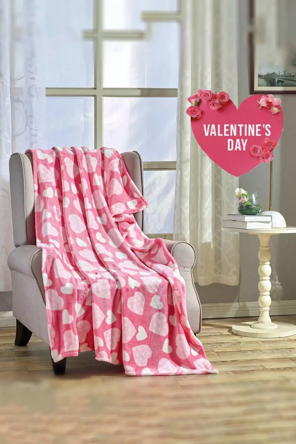 Peach Blossom Valentines Vibe Heart Print Soft Flannel Large Blanket - loveforevers