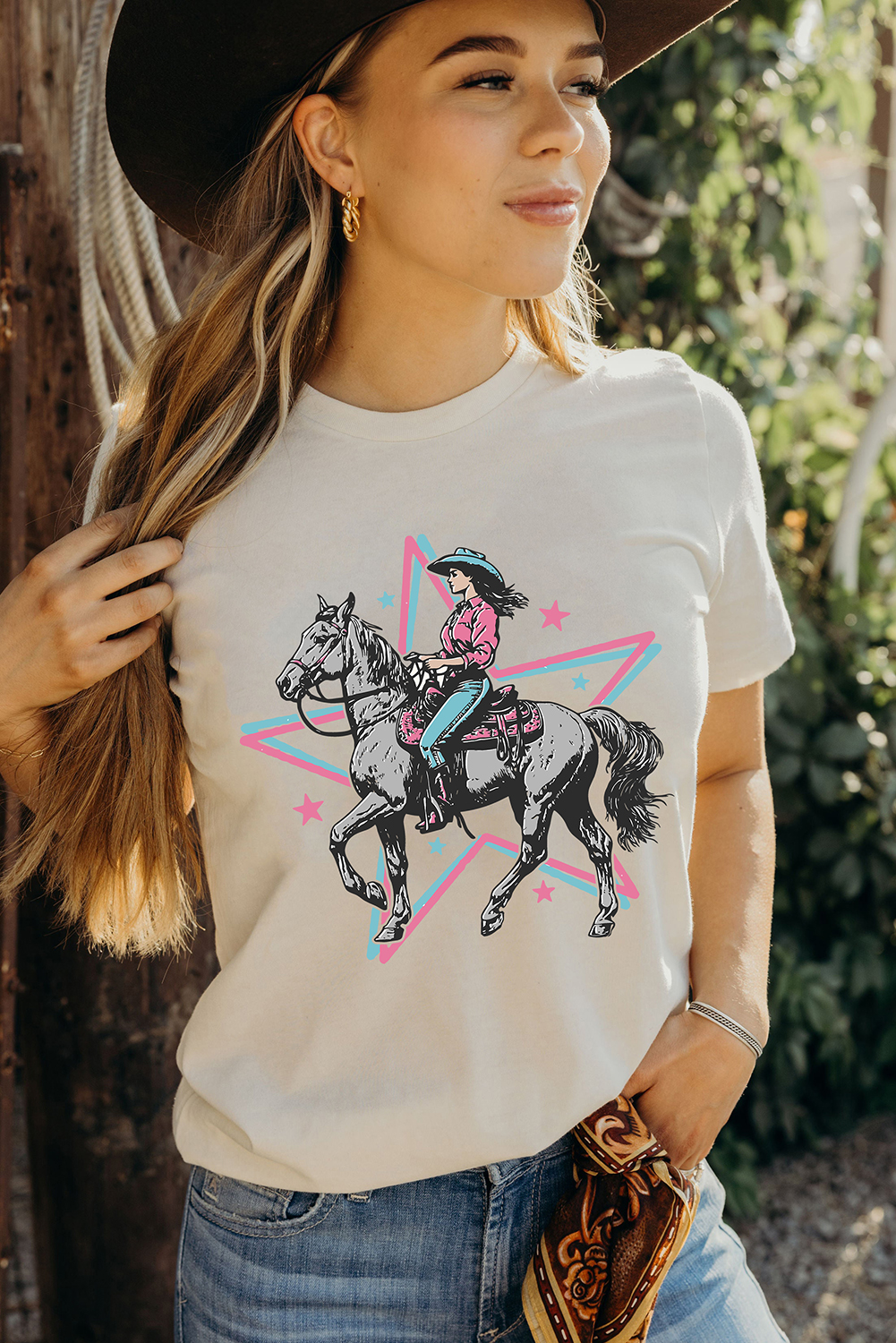 White Star Cowgirl Graphic Round Neck T Shirt - loveforevers