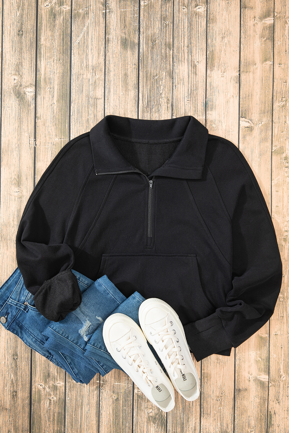 Aruba Blue Quarter Zip Stand Neck Kangaroo Pocket Sweatshirt - loveforevers