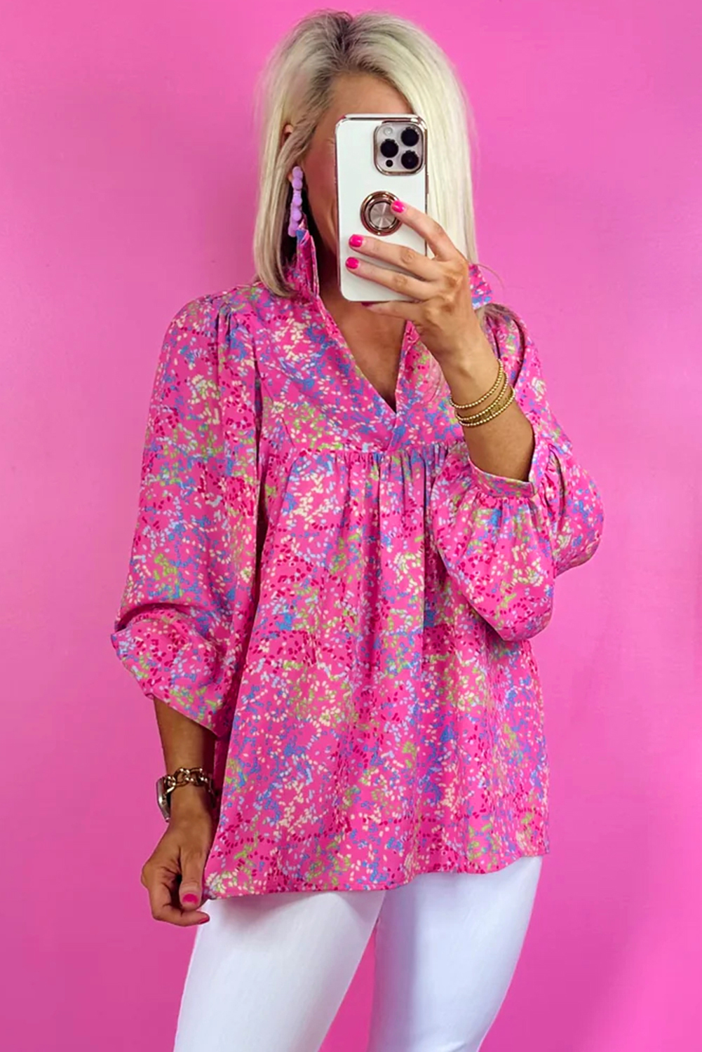 Bonbon Abstract Print Collared V Neck Babydoll Blouse - loveforevers