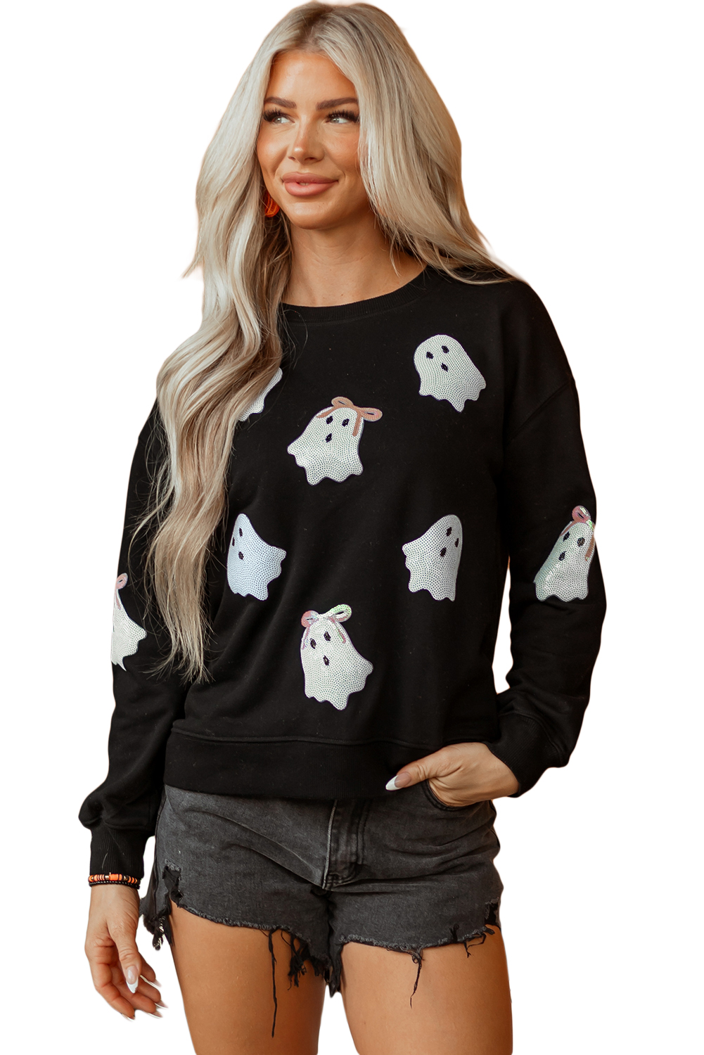 Wisteria Glitter Trim Chenille Ghost Patched Halloween Graphic Tee - loveforevers