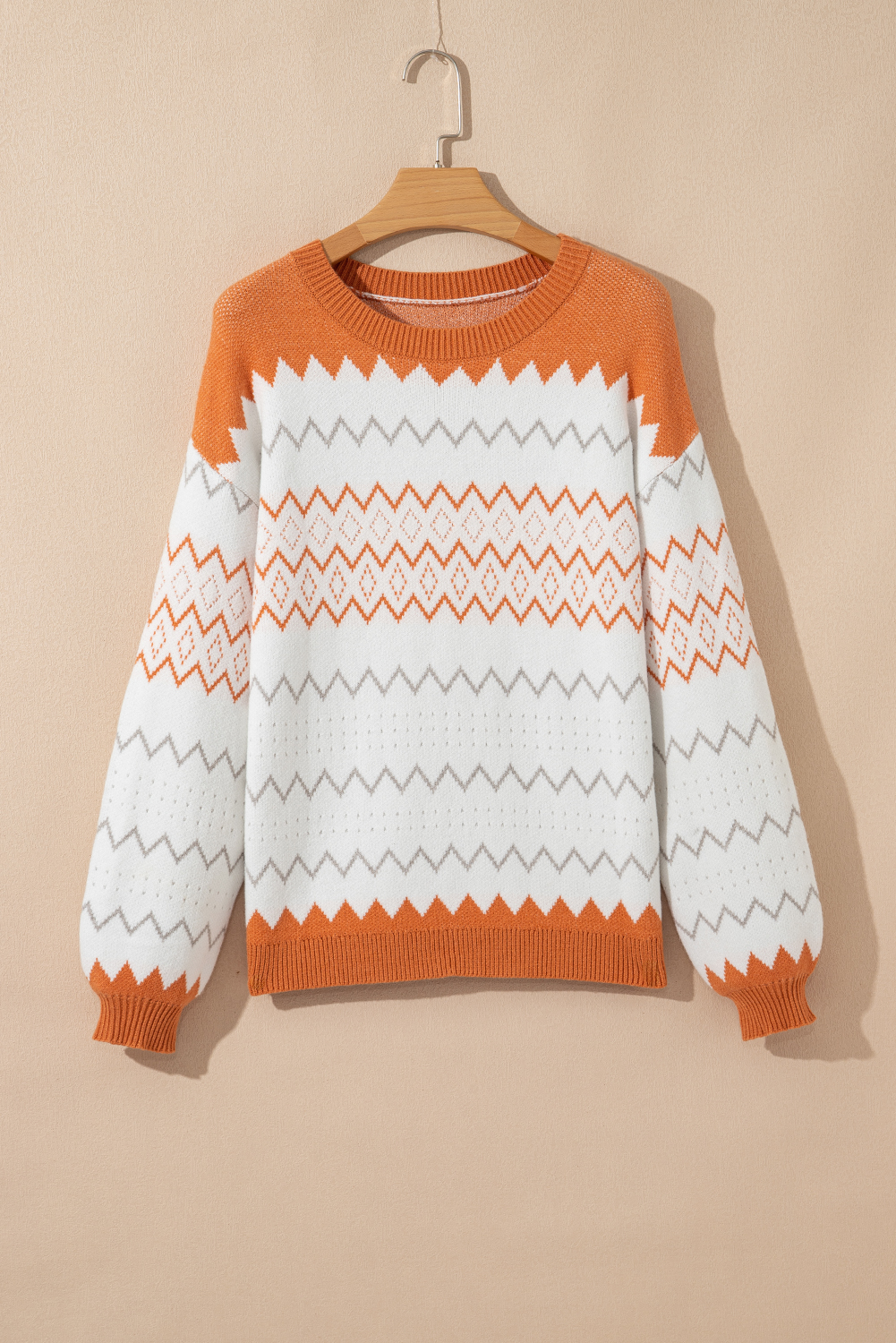 Khaki Zigzag Geometric Pattern Knitted Pullover Sweater - loveforevers
