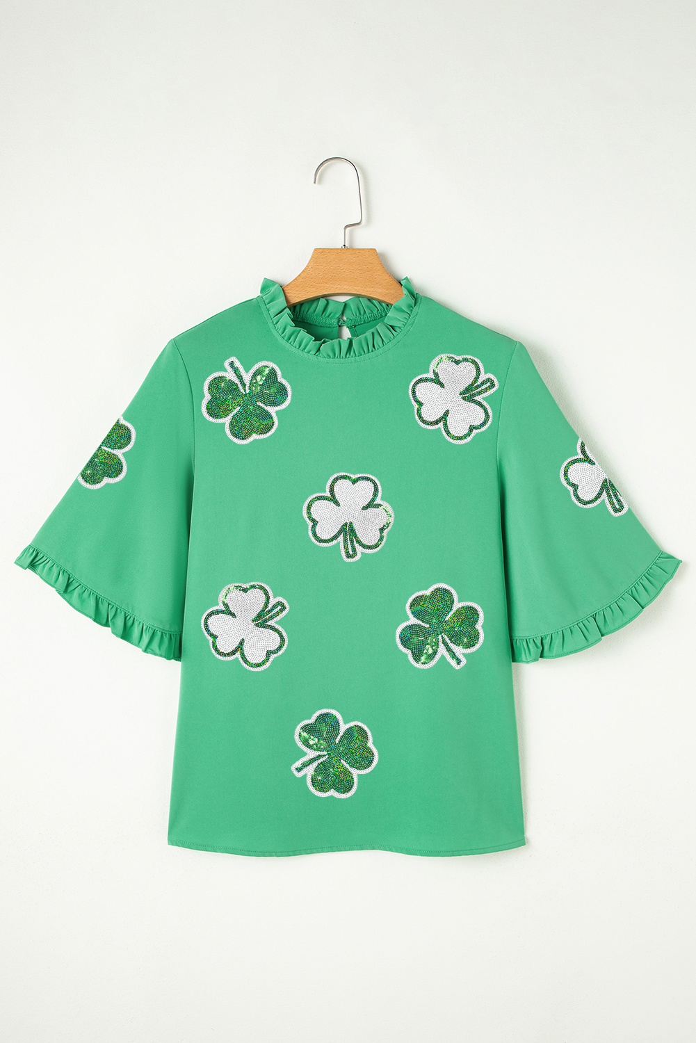 Green Sequin Clover Graphic Ruffled Trim Bell Sleeve St Patrick Blouse - loveforevers