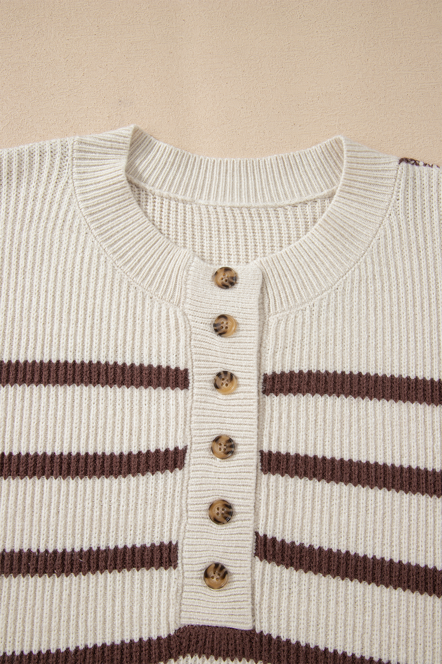 Brown Stripe Ribbed Henley Drop Shoulder Slouchy Sweater - loveforevers